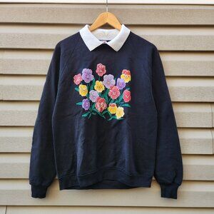 Vintage 90's Flower Pattern Women's Pullover Sweatshirt Puff Print Double Collar